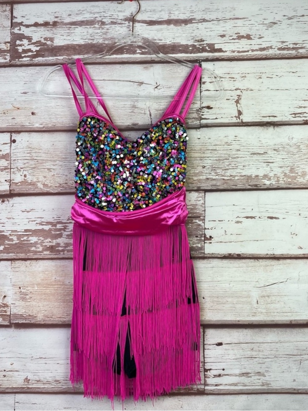 Weissman Hot Pink Sequin Fringe Dance Bodysuit
